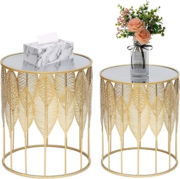 Adeco Set of 2 Nesting Side Tables, Decorative Round Metal Accent End Tables Nightstands, Coffee Table Plant Stand for Living Room Bedroom Gold Leaf