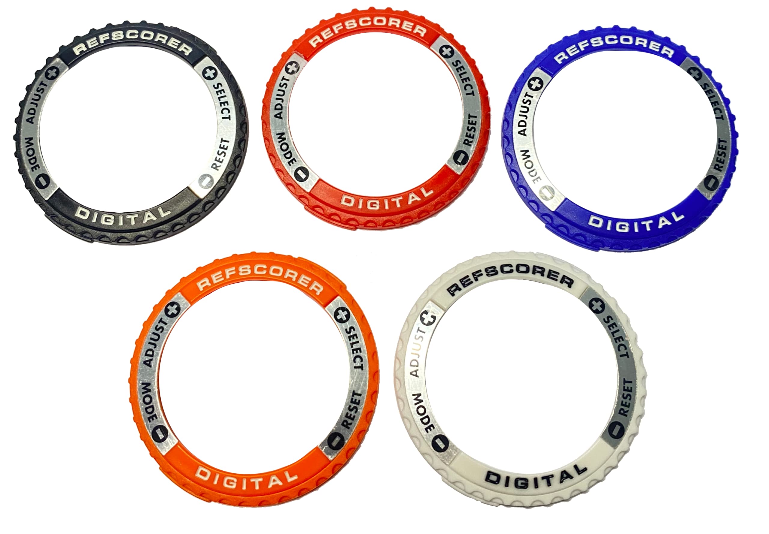A 5 Pack Interchangeable Top Ring Bezels for the Digital NEW v2.021 Referee Watch Pack A (Original Silver Black, Red, Navy Dark Blue, Orange and White)