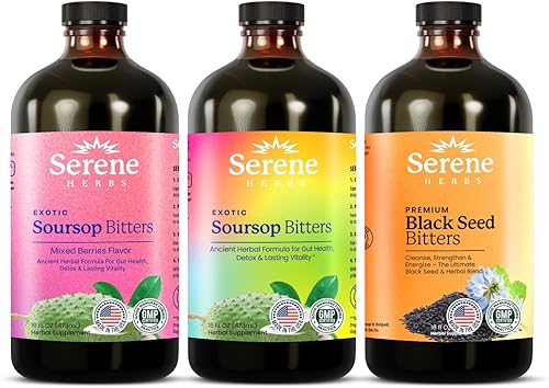 Serene Herbs Líquido amargo de guanábana, bayas mixtas y semillas negras paquete triple  Guanabana de hierbas orgánicas para apoyo digestivo y salud