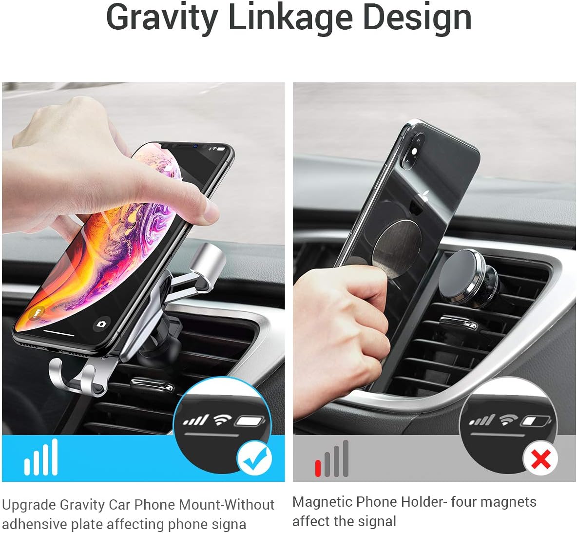 AINOPE Cell Phone Holder for Car, Gravity Car Phone Mount Auto-Clamping Air Vent Car Phone Holder Universal Car Phone Mount Compatible iPhone Xs MAX/X/XR/8/7, Galaxy Note 9/S10 Plus/S9 - Silver (Divi)