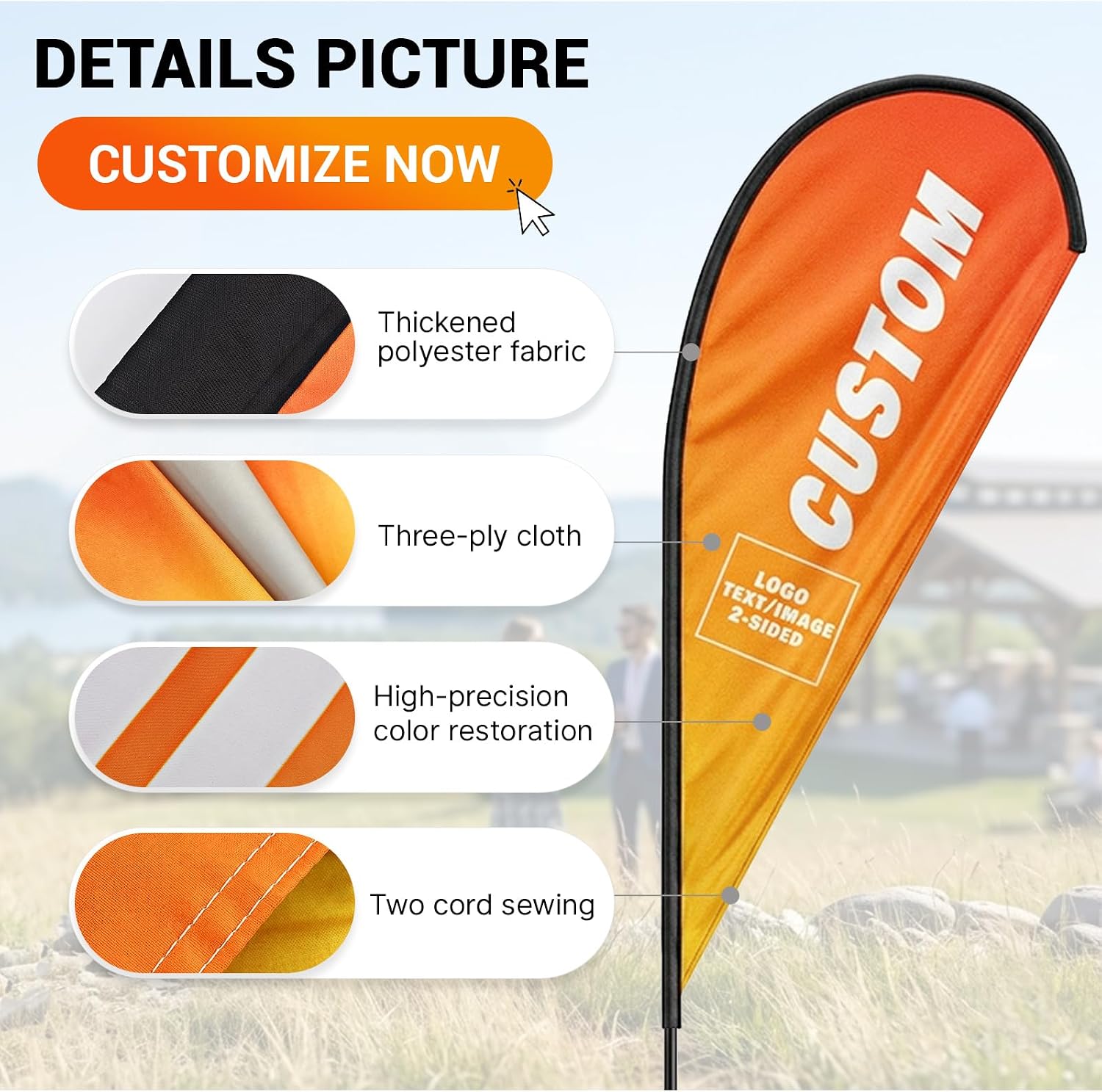 Custom Advertising Teardrop Flags with Pole Kit - Personalized Logo Text, Single/Double Sided Printing, Ground Spike Included, Outdoor Business Signs for Open House, Real Estate & Grand Openings (Teardrop Flag, 4.27X10.83FT/1.3X3.3m)