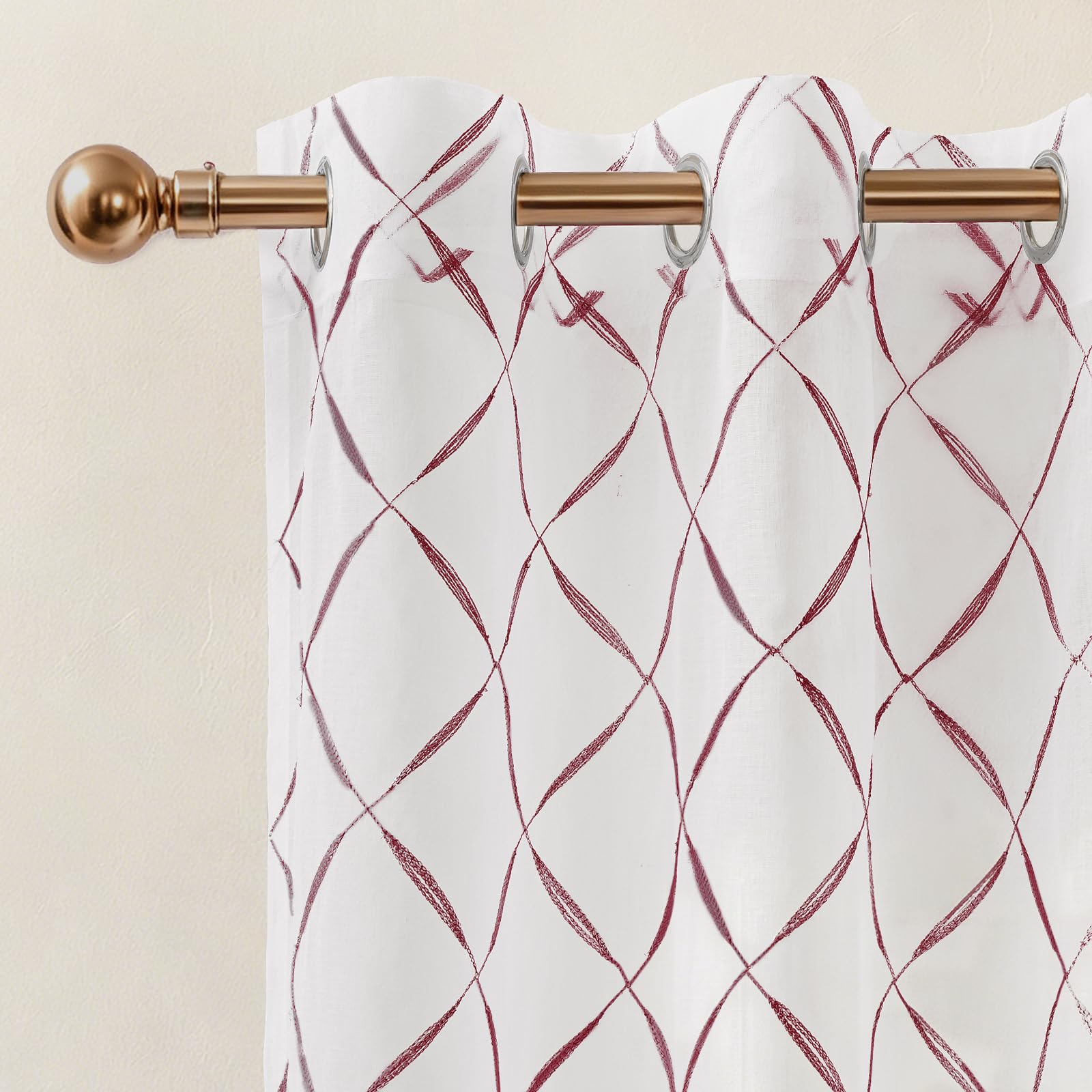 Ystyle Modern Living Room Curtains, 2 Pieces with Geometric Embroidery, 140 x 300 cm, Translucent Curtains for Windows, Bedroom with Eyelets, Elegant Voile Living Room for Dining Room Children, Red