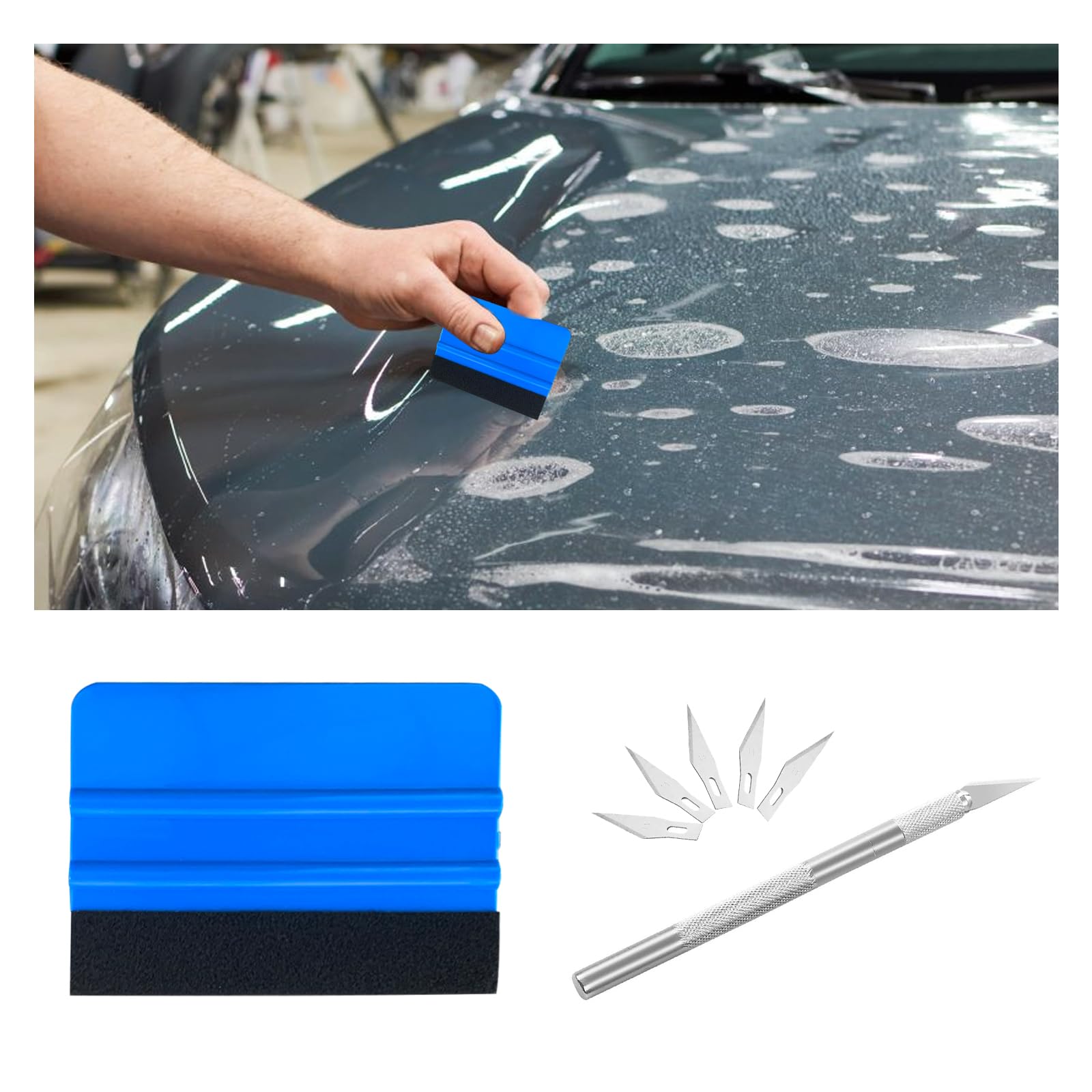 Augeny Car Window Film Tinting Tools, Vinyl Wrap Kit with 1 Felt Squeegee, 1 Craft Knife, 5 Blades, Professional Wallpaper Smoothing Tool, Auto Tint Window Tint Installation Kit