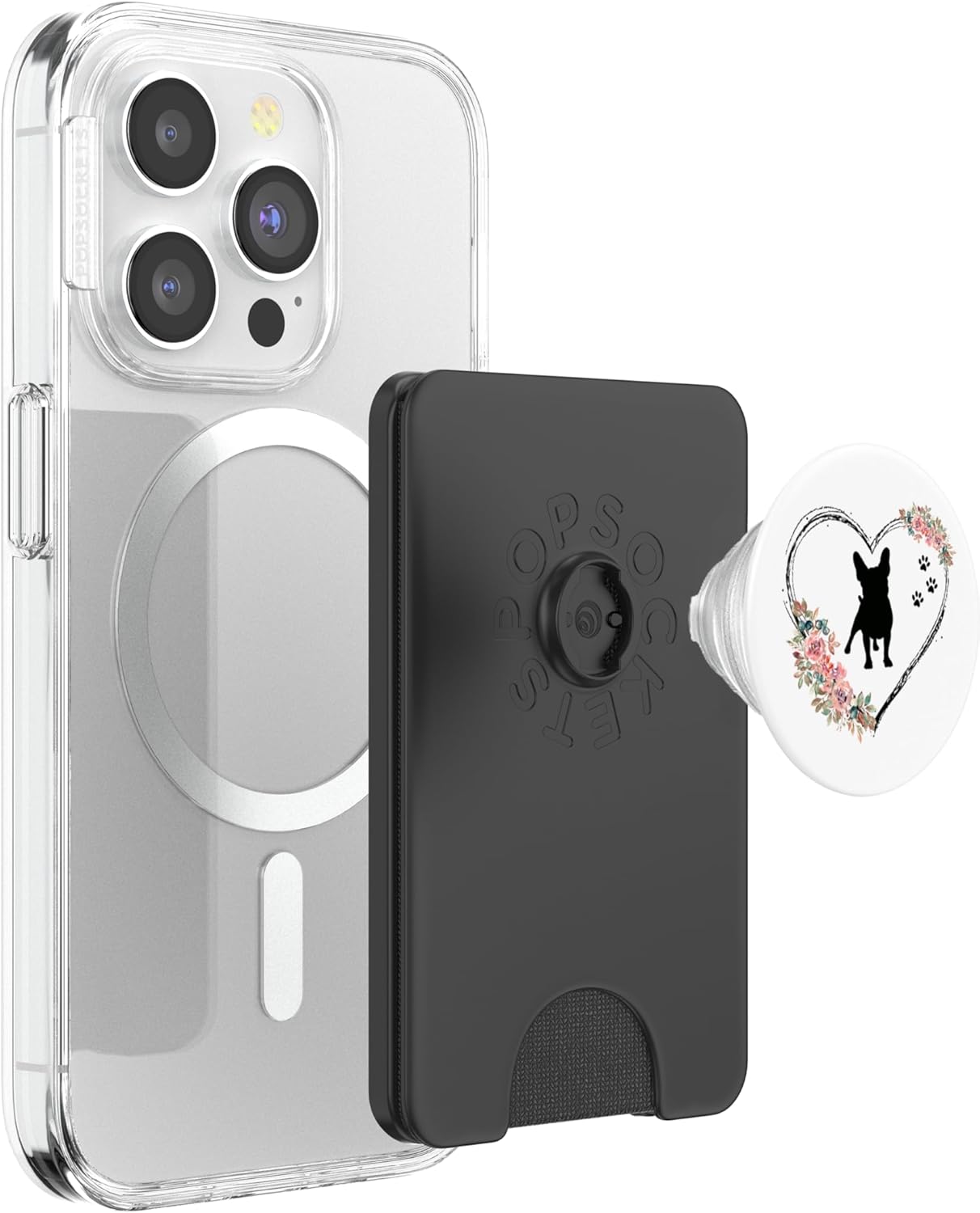 French Bulldog with Paw Prints and Flowers On White PopSockets PopWallet for MagSafe