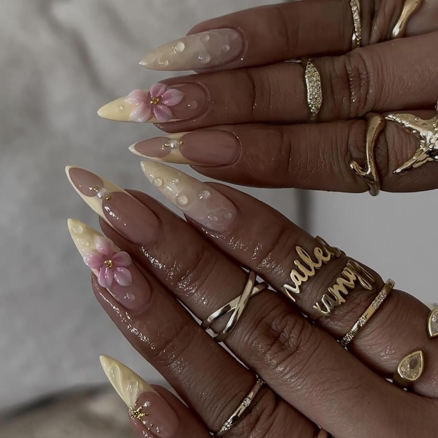 French Tip Press on Nails Long Almond Fake Nails 3D Flower Glossy False Nails Gradient Creamy Yellow Stick on Nails for Women Nail Art 24Pcs