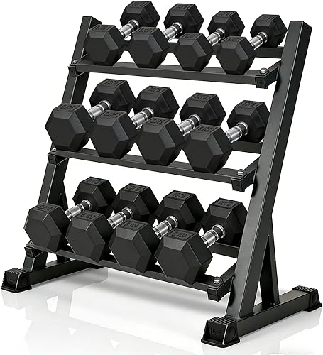 Miniatura 8 de Juego de mancuernas hexagonales de 550 libras con estante de 3 niveles, juego completo de pesas de hierro fundido con revestimiento de goma de 5 a