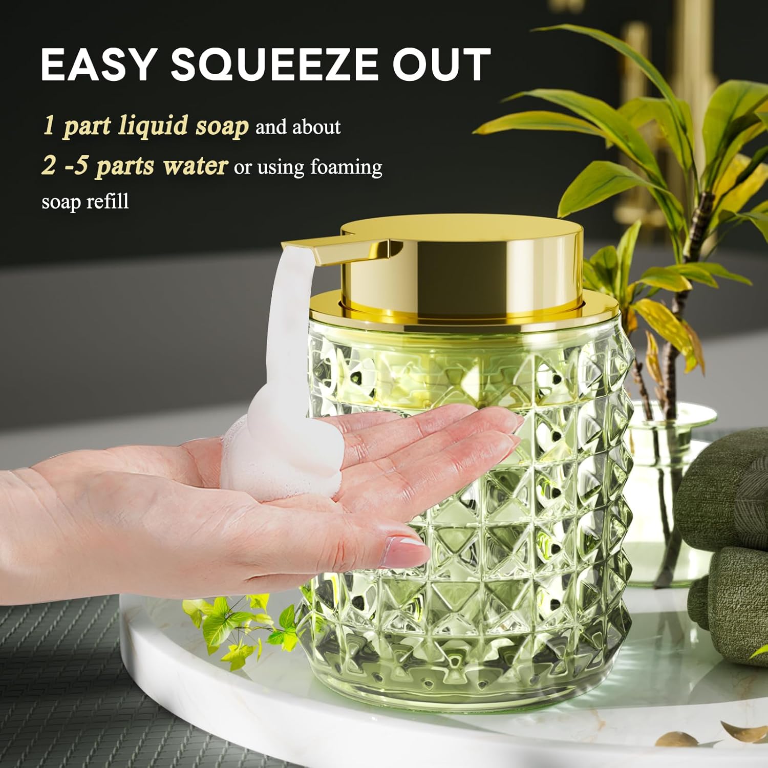 Bathroom Accessory Set with Plastic Wicker Basket,Glass Bathroom Accessories Set Green Bathroom Sets Bathroom Set, Diamond Soap Dispenser and Toothbrush Holder Set for Bathroom Decor