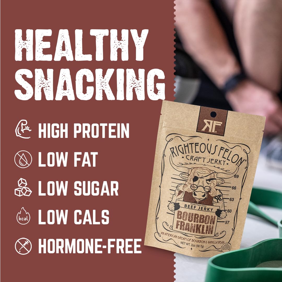 Righteous Felon Beef Jerky - Bourbon Franklin Flavor - All-Natural Bourbon Jerky - Locally Sourced & Dried Beef - Low-Sugar, High-Protein, Healthy Snacks - 2 Ounces Each, Pack of 3