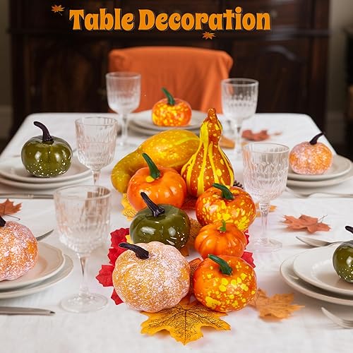 Miniatura 3 de Juego de 50 calabazas artificiales con hojas de arce falsas y bellotas, decoración de otoño para manualidades, hogar, mesa, corona, Acción de