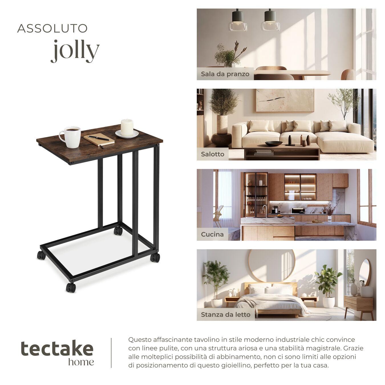 tectake® Tavolino Salotto 48x35x70cm, Tavolino da Divano o Letto, 4 Rotelle, Tavolinetto Divano, Salotto, Camera per Libri, Laptop, Piante, Snack e Bevande, Casa, Ufficio - Legno Industriale Scuro