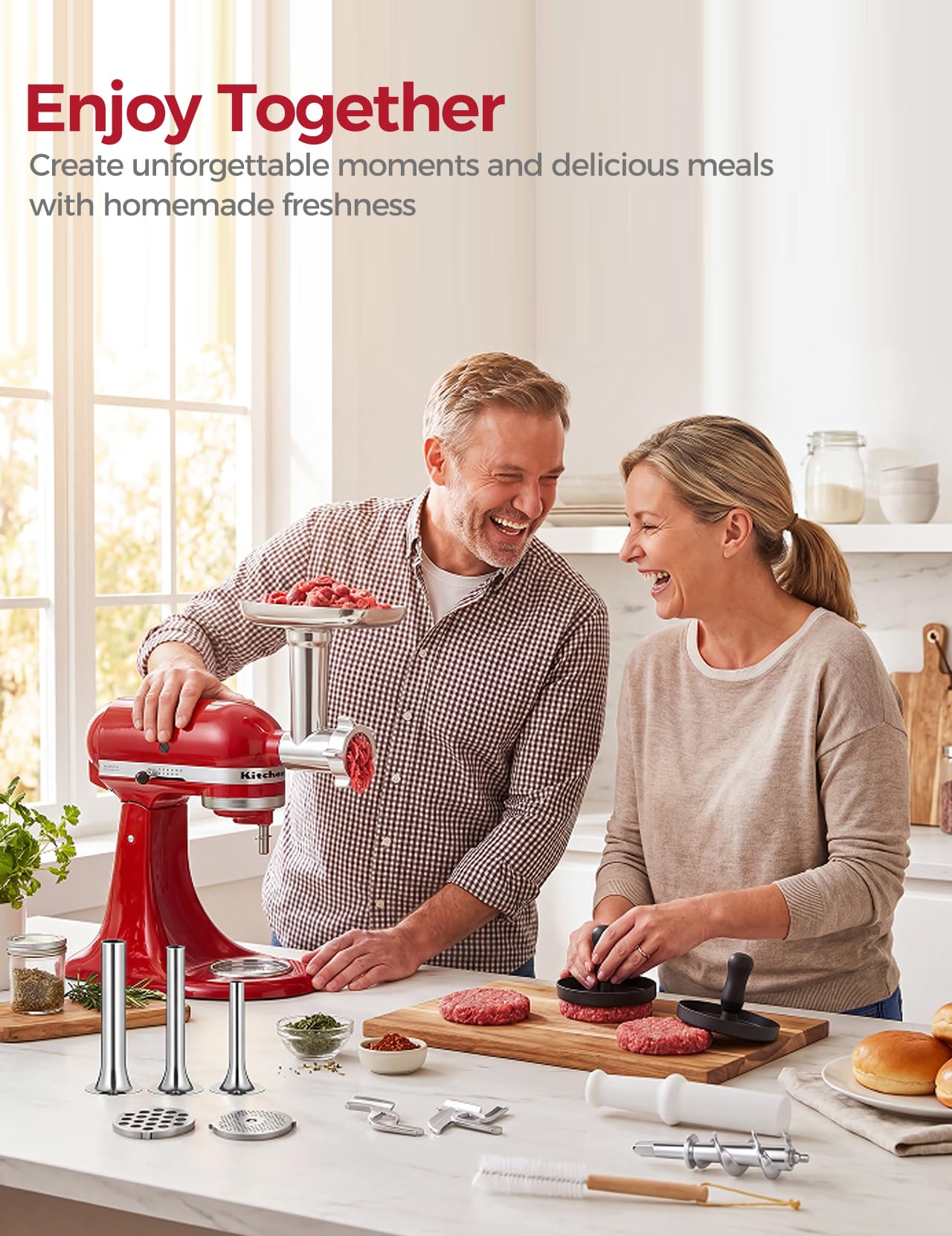 Nasadka do Mielenia Mięsa do KitchenAid Robota Kuchennego | Nasadka do Mielenia Mięsa ze Stali Nierdzewnej Zawiera Nadziewarkę do Kiełbas, Szczotkę do Czyszczenia