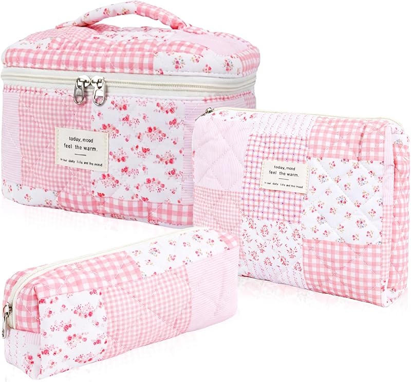 Conjunto Hatende com 3 nécessaires de algodão matelassado Pink Flower Gingham