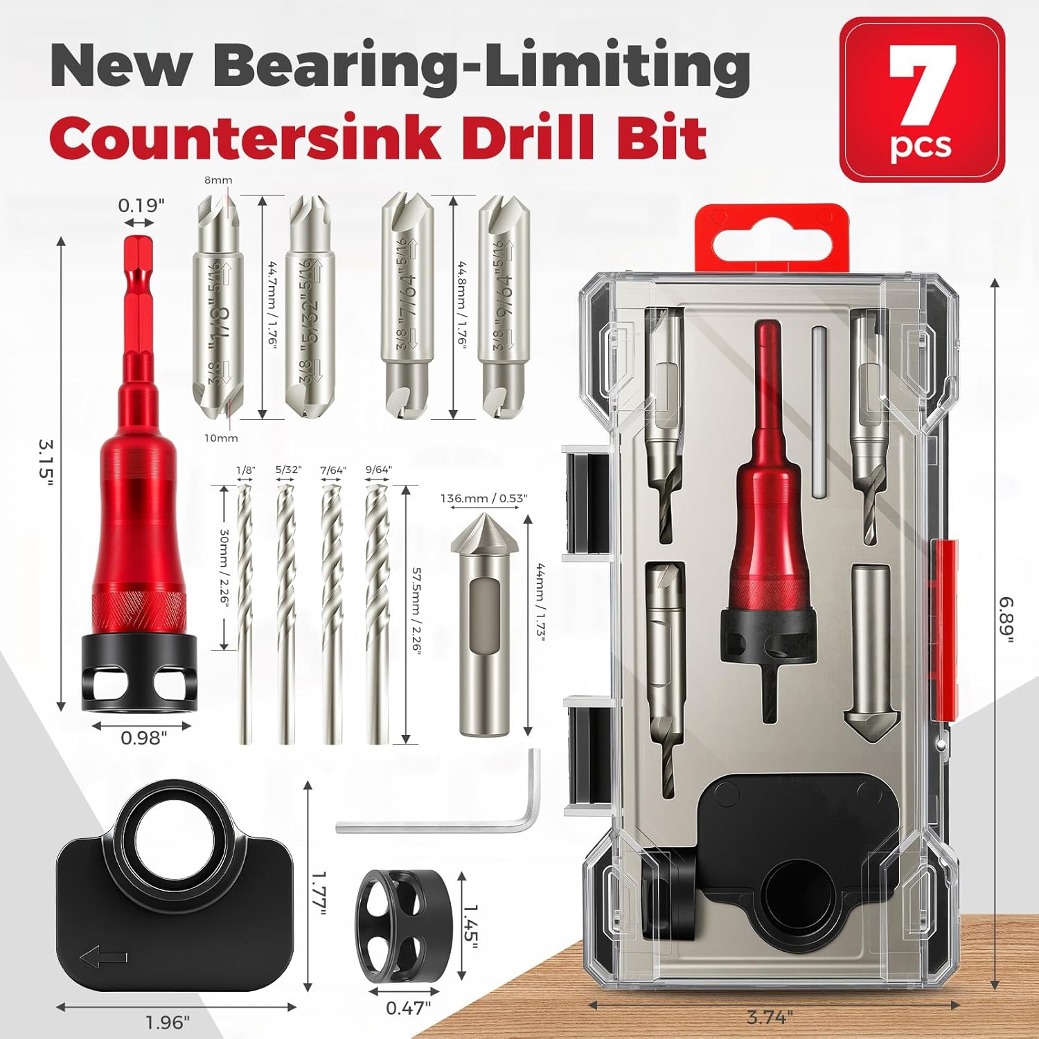 5-Piece Countersink Drill Bit Set with Bearing Depth Stop & Chamfer Tool - 7/64", 1/8", 9/64", 5/16" & 3/8" Sizes, Bi-Directional Cutting Edges for Woodworking