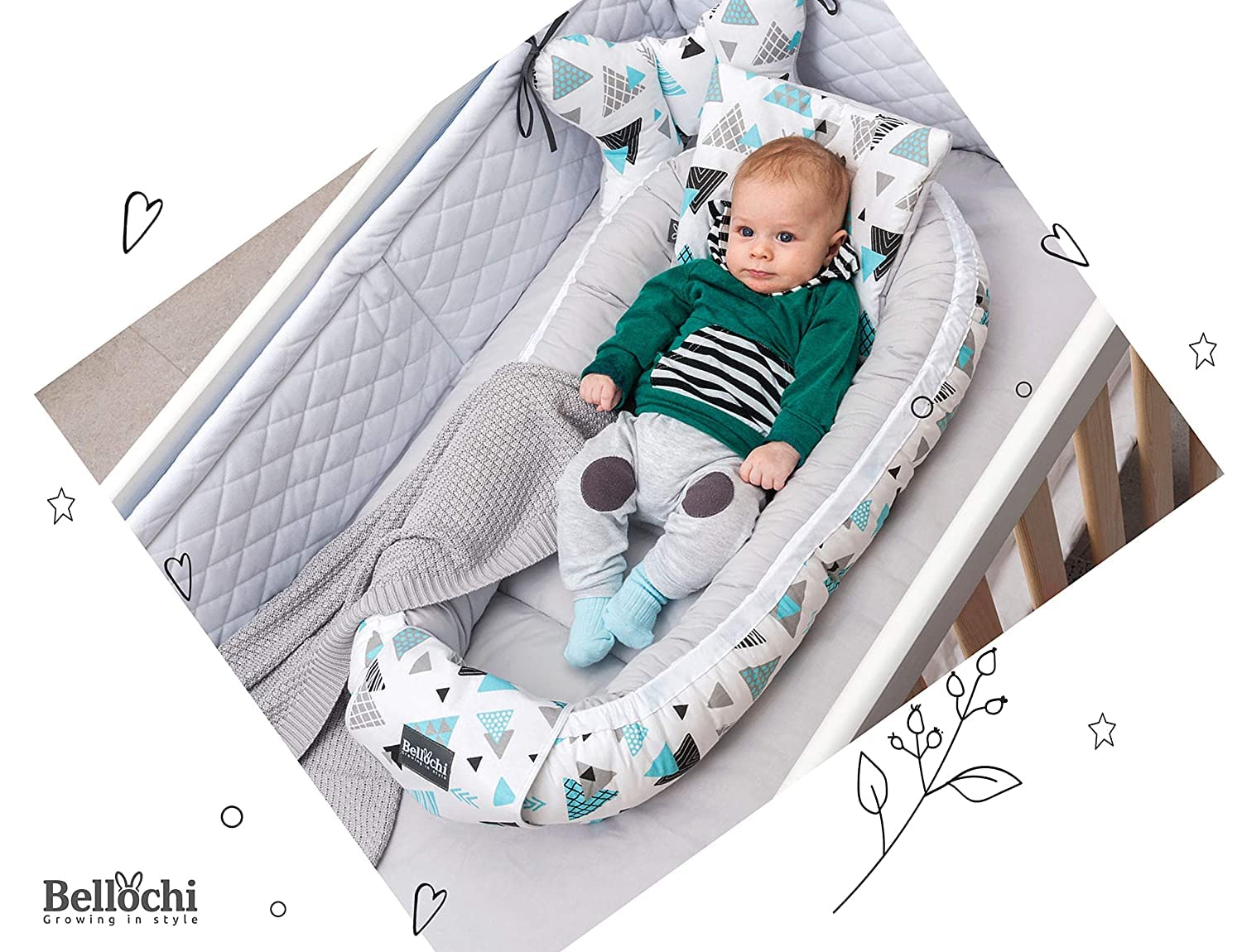 Bellochi Riduttore Lettino per Neonato, Riduttore per Culla - Antisoffoco, Cotone e Velluto - Cuscino Riduttore, Cocoon a Baby, Baby Nest - 90 x 60 cm (Lux)