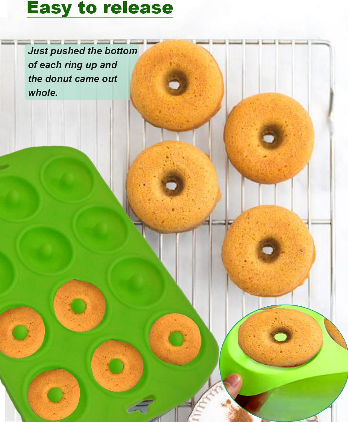 Mini Donut Pan for Baking, 2 Pack Donut Mold Silicone Doughnut Pan for Making Donut, Bagels, Cake, BPA Free, Green