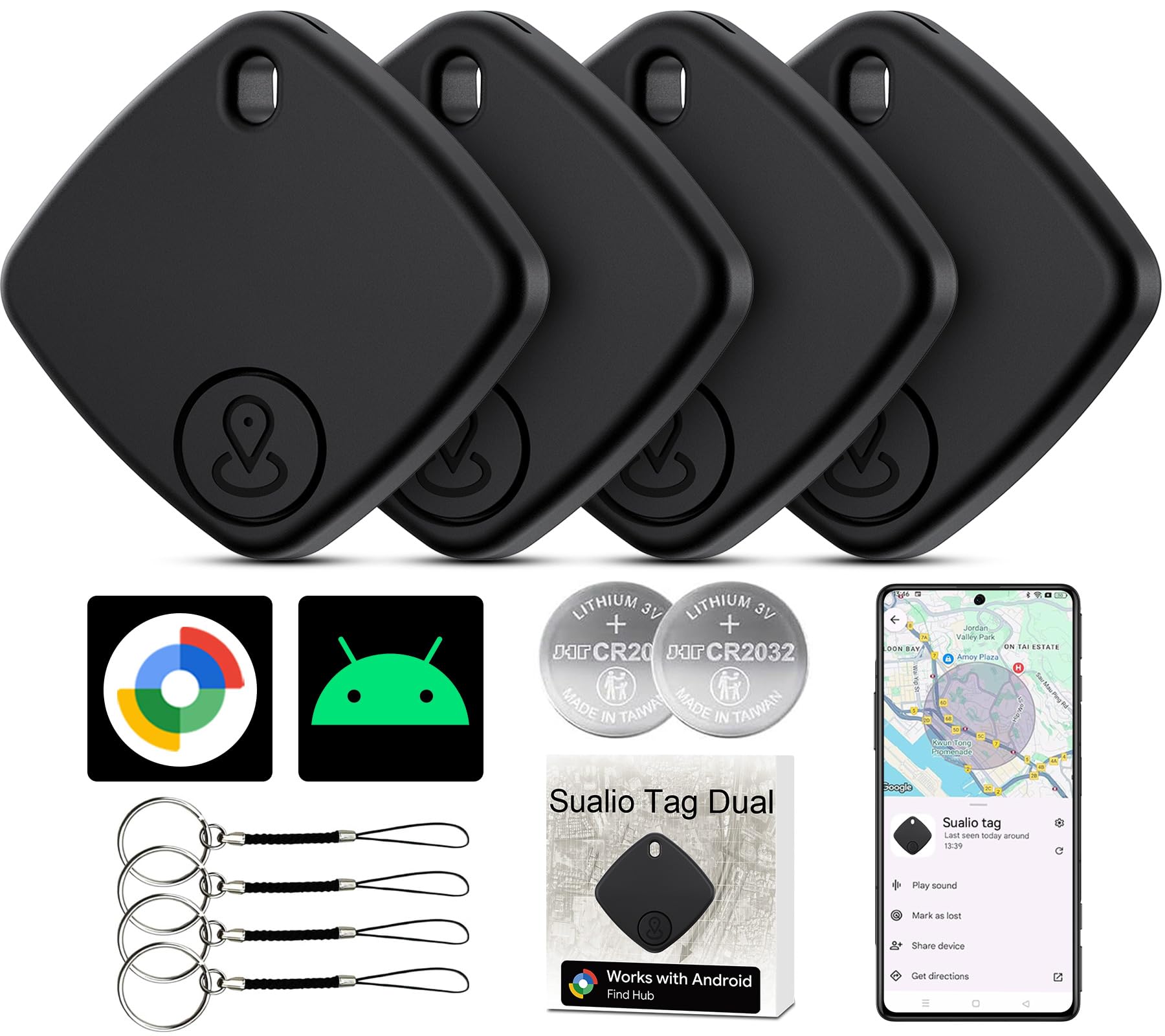 Tracker Tags-4 Pack, Google Certified Air Tracker(Android Only) Works with Find Hub, Luggage Tracker Tags Android Worldwide Tracking with 2 Replaceable Battery, Track Keys, Wallet, Suitcases (Black)