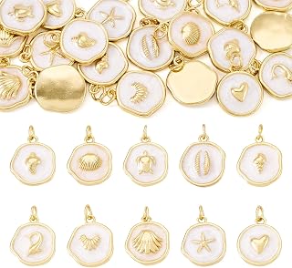 Beadthoven 20pcs Ocean Sea Enamel Charms, Sea Turtles Starfish Spiral Con Shells Fish Heart Enamel Brass Pendants Golden White Small Tags Dangle Beads for Necklace Bracelet Earrings Jewelry Making DIY