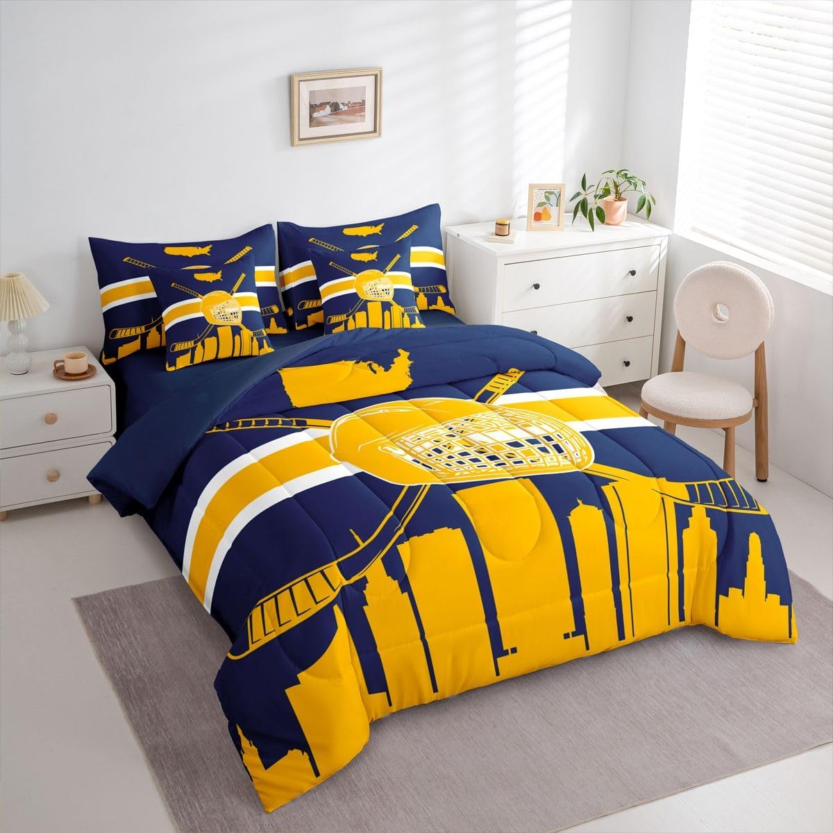 Erosebridal Full Comforter Set for Hockey Player - 7 Pieces Ice Hockey Bedding Sets Full Bed in a Bag,Reversible Hockey Bed Set,Winter Ball Game Comforter, Sheets, Pillowcases & Cushion Covers,