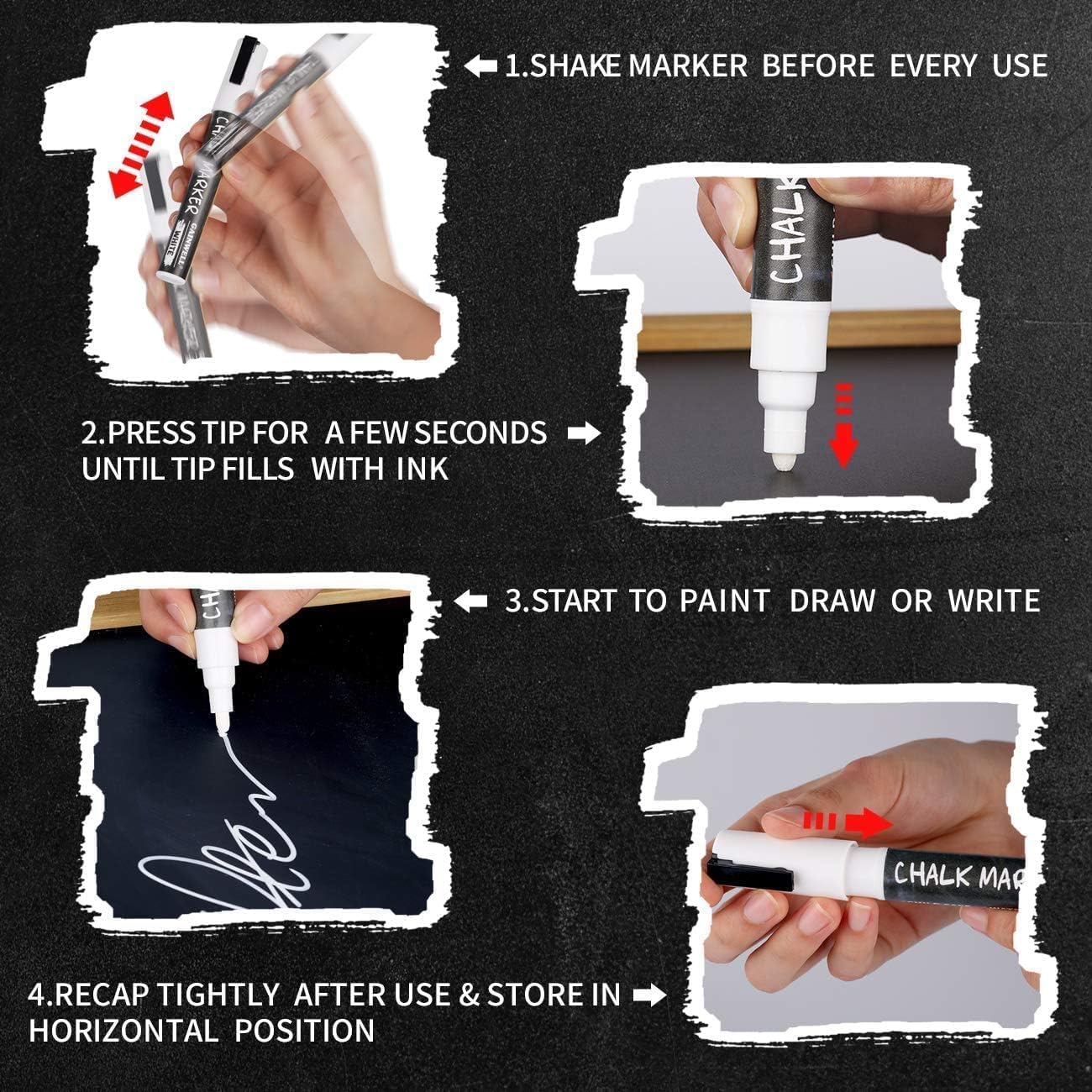 GAINWELL White Liquid Chalk Markers Erasable 4 Pack, Reversible Tip (3mm/6mm/10mm/15mm), Erasable Chalk Pens for Blackboard, Window, Glass, Chalkboard, Bistro, Loved by Teachers, Artists, Businesses