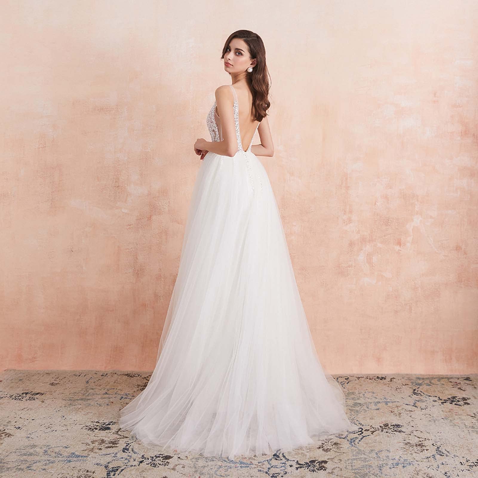 Vestido de Novia de Encaje de Playa, Vestido de Novia de Calcomanía con Cuello V Y Vestido de Novia de Dama de Honor, Blanco, 14