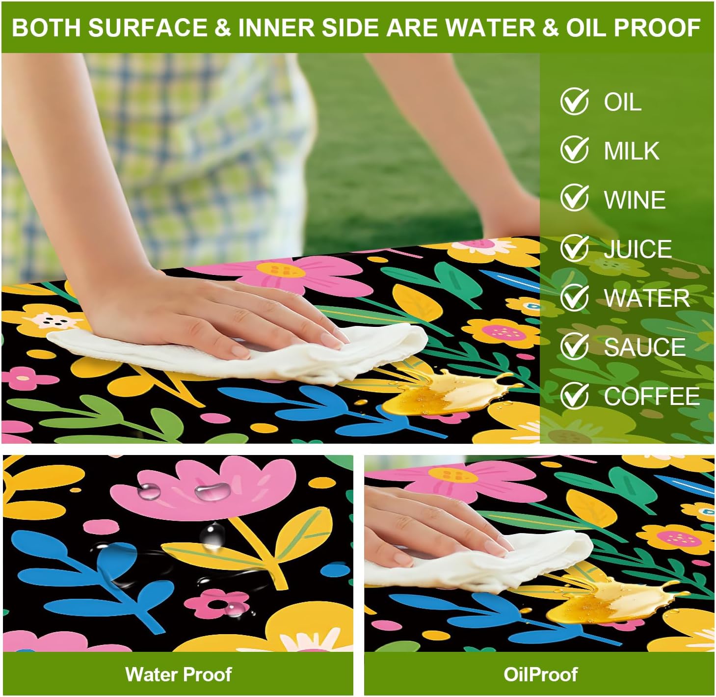 Bohemian Flowers Picnic Table Cover with Bench Covers Set of 3-Multicolor Blooms on Dark Background,Elastic Fitted Tablecloth for 6 Ft Tables, Washable Polyester Cover for Camping, Indoor & Outdoor