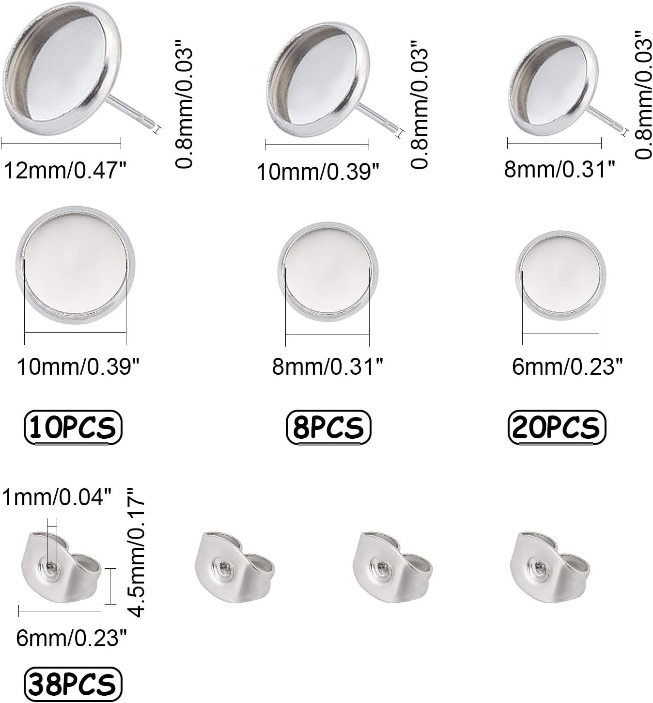 UNICRAFTALE 38sets 3 Sizes 6/8/10mm Tray Earring Blank Bezel Ear Stud 304 Stainless Steel Stud Earring Setting 0.6mm Pin Earring Blank Bezel Tray for Jewelry Making Stainless Steel Color - Image 3