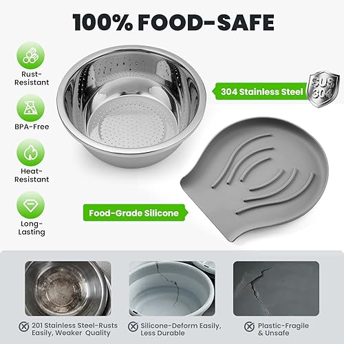 Miniatura 3 de Colador de acero inoxidable 304 con base autodrenante de silicona de grado alimenticio, colador Coinicxcel de 5 cuartos para cocina, colador de