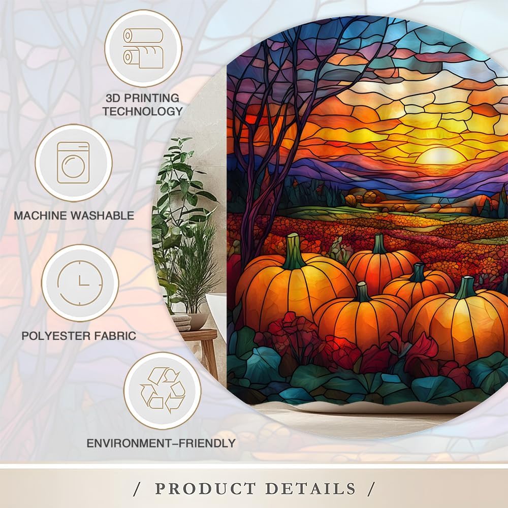 Fall Pumpkin Shower Curtain Stained Glass Pumpkins Green Leaves Autumn Forest Mountain Vintage Art Abstract Sunset Landscape Bathroom Decor Set Fabric with Hooks