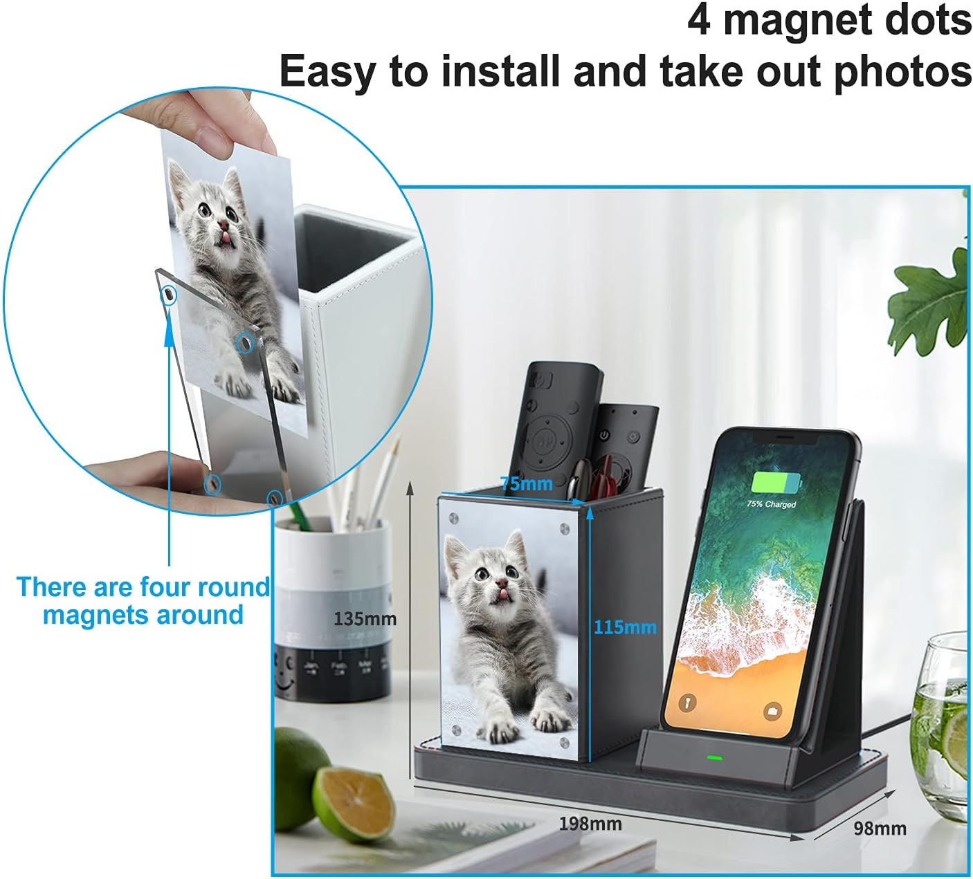 KINGFOM PU Leather Desk Organizer Pen Pencil Holder with Wireless Charger Stand, 10W Fast Wireless-Charging for iPhone 11, 11 Pro, 11 Pro Max, XR, Xs Max, XS, X, 8, 8 Plus(Gray)