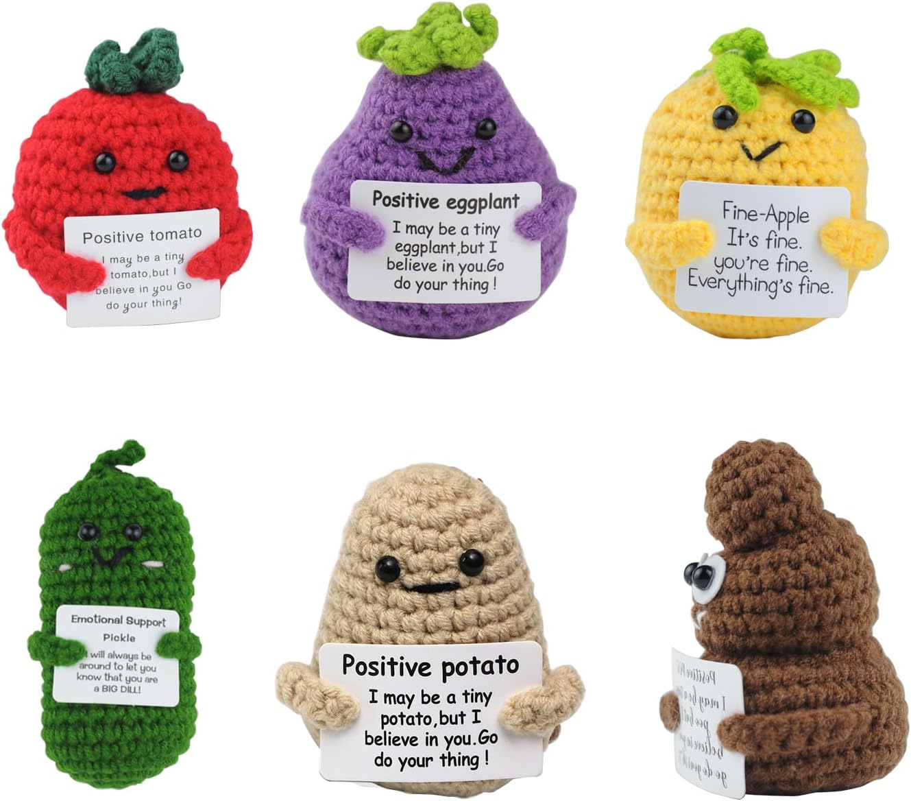 YUUTIAL Funny Crochet Positive Gifts,6 Pieces Cute Knitted Doll with Positive Card Emotional Support Gifts Cheer up Gifts for Adult Lovers(Positive Poo,Potato,Tomato,Eggplant,Pineapple,Cucumber)