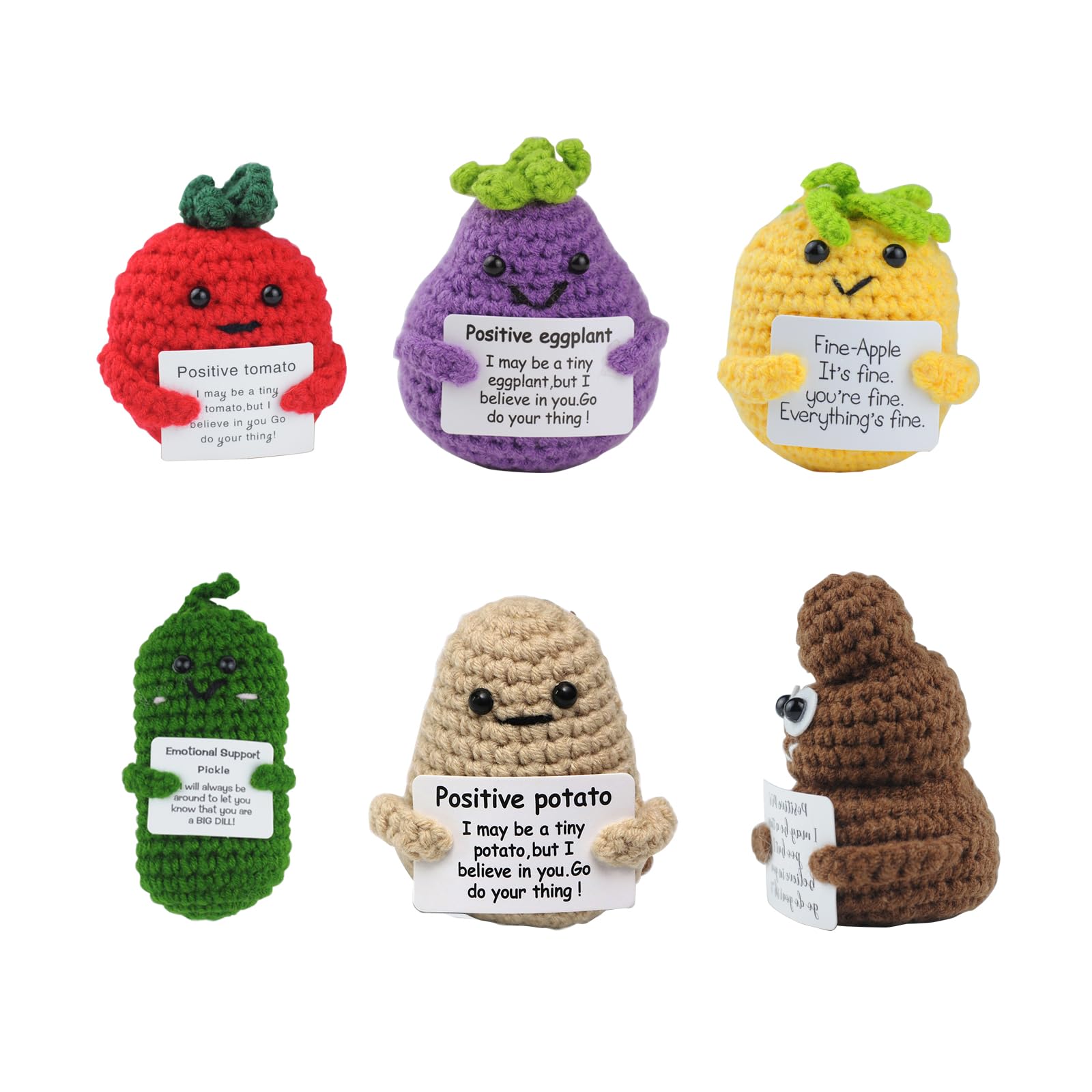 YUUTIAL Funny Crochet Positive Gifts,6 Pieces Cute Knitted Doll with Positive Card Emotional Support Gifts Cheer up Gifts for Adult Lovers(Positive Poo,Potato,Tomato,Eggplant,Pineapple,Cucumber)
