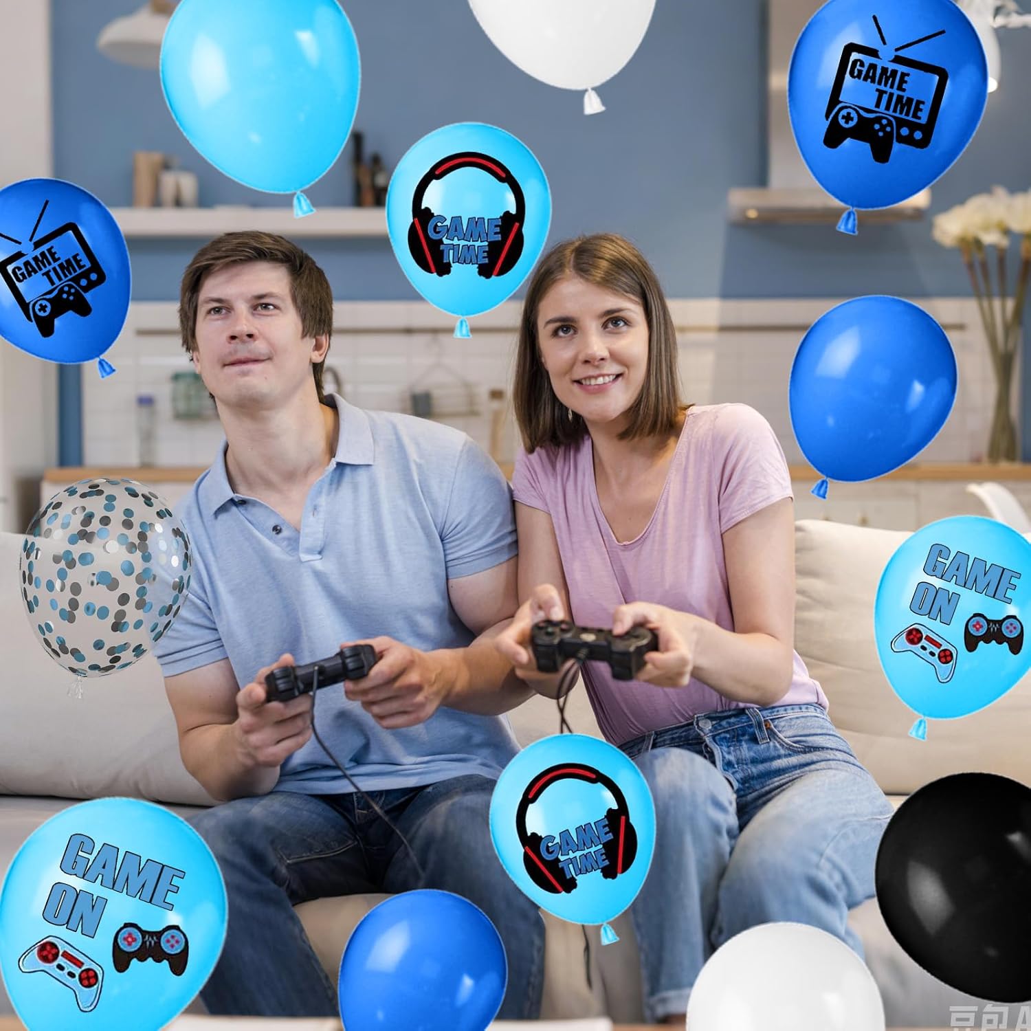 Video Game Balloons,12 Inch Blue and Black Game Theme Printed Balloons Confetti Balloon with Ribbon for Teens Player Birthday Game Party Decorations