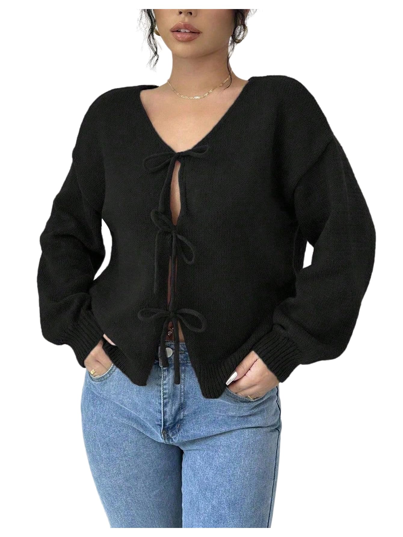 SOLY HUX Womens Tie Front Knit Cardigan Long Sleeve V Neck Bowknot Loose Fall Top