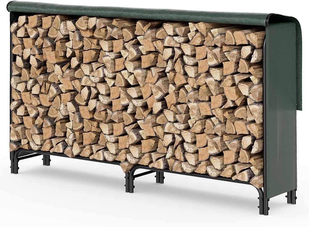 VOUNOT® Firewood Log Rack with Waterproof Cover, Metal Log Store Outdoor, 200 x 115 x 40 cm, Green