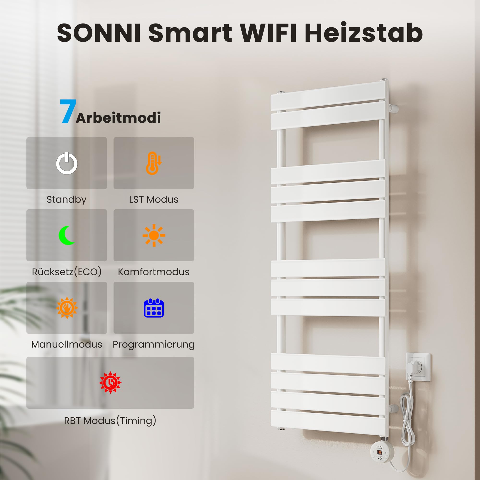 SONNI Scaldasalviette elettrico da bagno, 1000 x 500 mm, bianco, con barra riscaldante WiFi, 600 Watt, piatto, scaldasalviette elettrico, con elemento riscaldante intelligente per radiatori da bagno