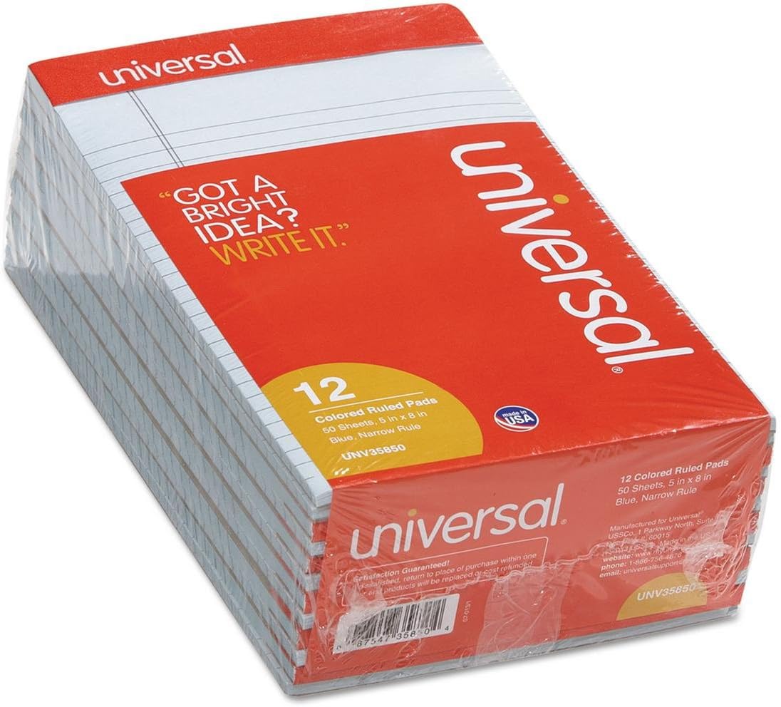 Universal Colored Perforated Note Pads, Narrow Rule, 5" x 8, Blue, 50-Sheet, Dozen (35850)
