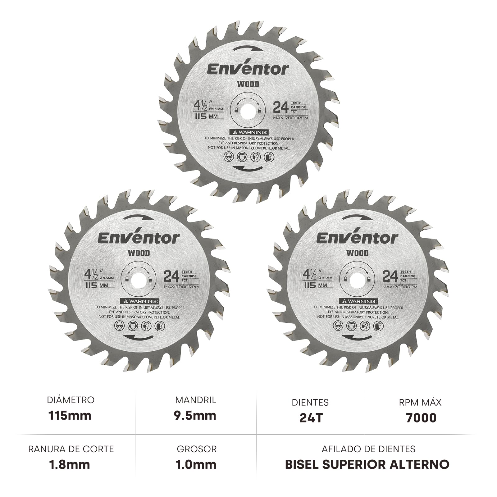 Enventor 3PCS 24T TCT Hoja de Sierra Circular, 115mm x 9.5mm, Punta de Carburo de Tungsteno, Hoja de Mini Sierra Circular para Madera, Compatible con Enventor 76604L