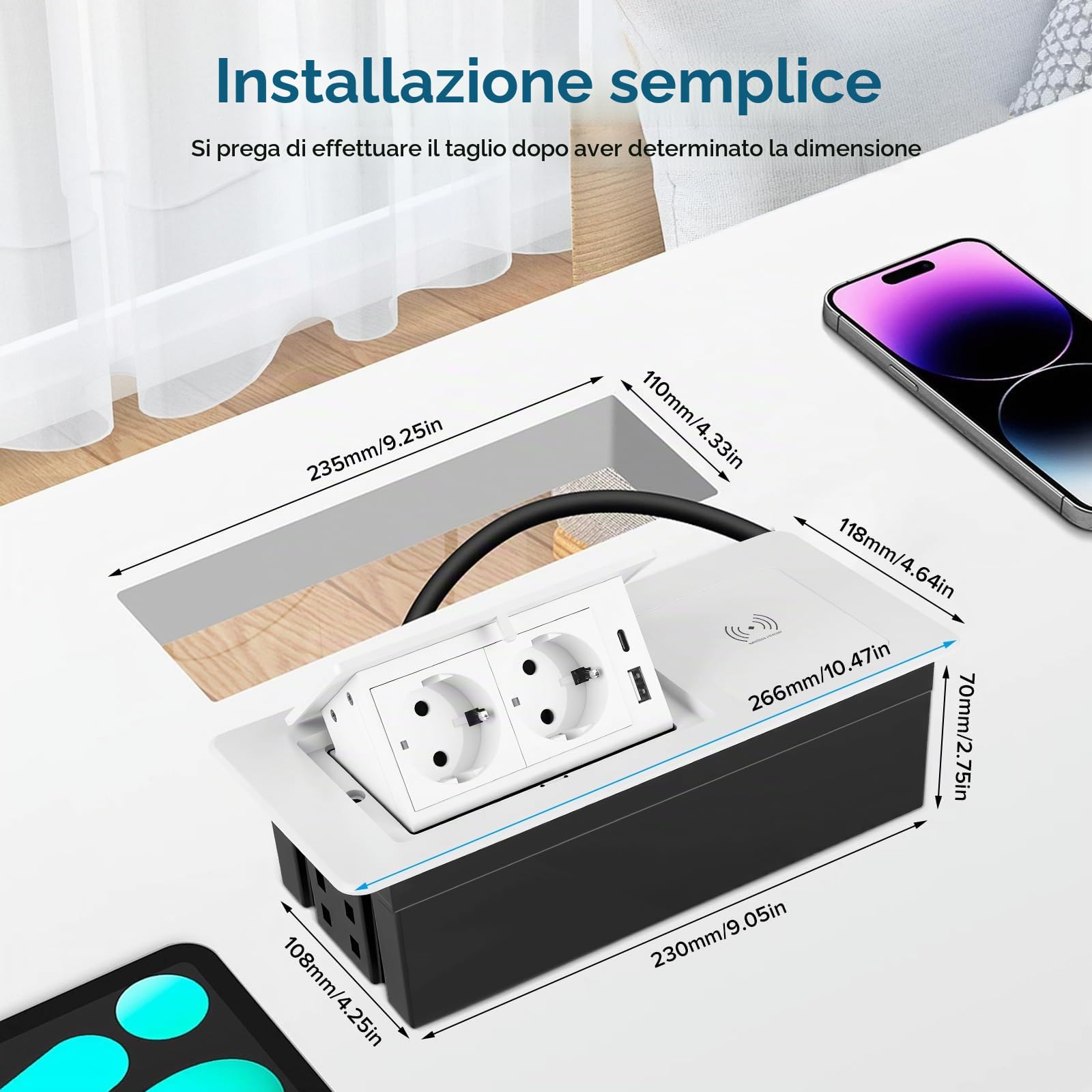 Presa a scomparsa con USB-C PD20W e ricarica wireless 15W – Presa da incasso per scrivania e cucina, 2 prese Schuko + USB-A, alluminio pressofuso, bianco