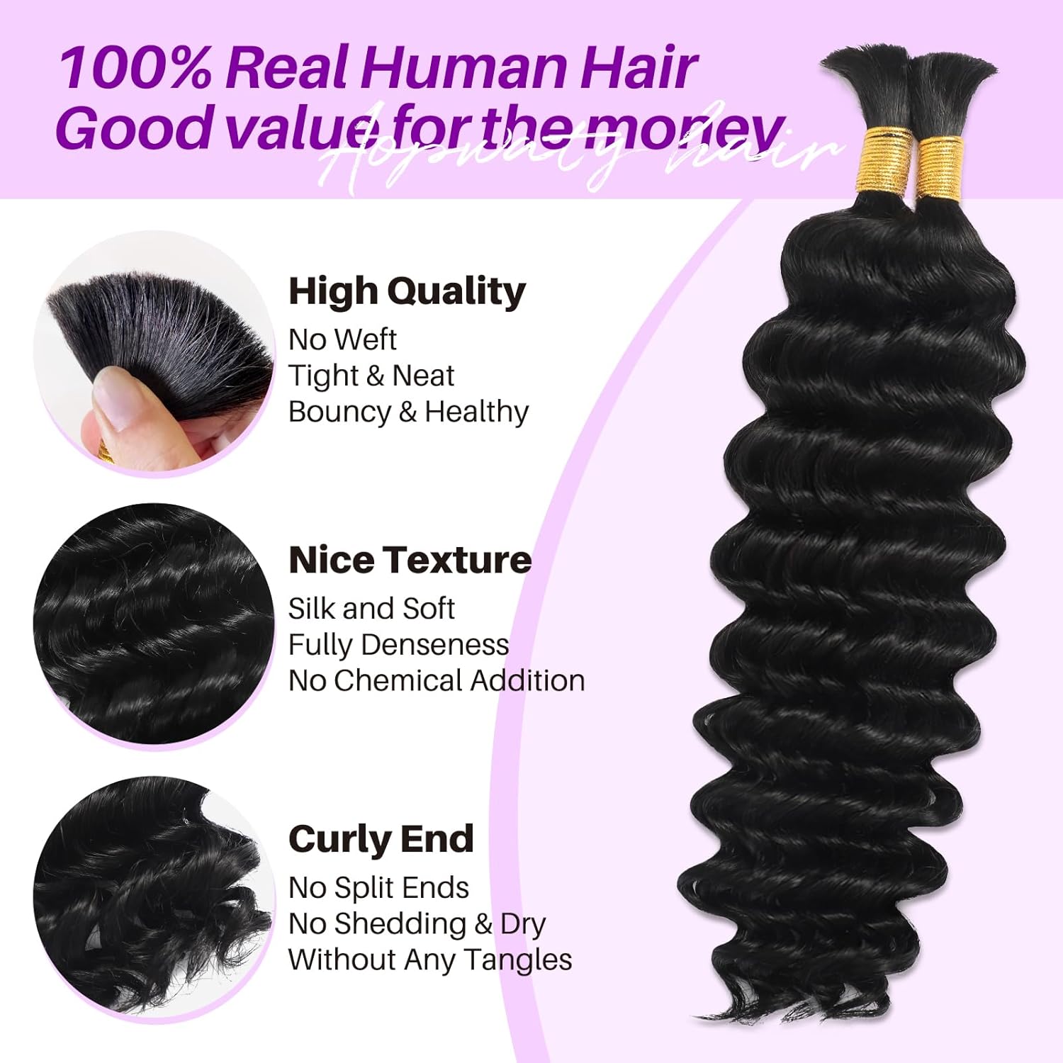 Human Braiding Hair for Boho Braids, Deep Wave Bulk Boho Braids Human Hair for Knotless Curly Bohemian Water Wave Boho Hair for Braiding 70g 22 Inch Natural Color (2 No Weft Bundles/Pack)