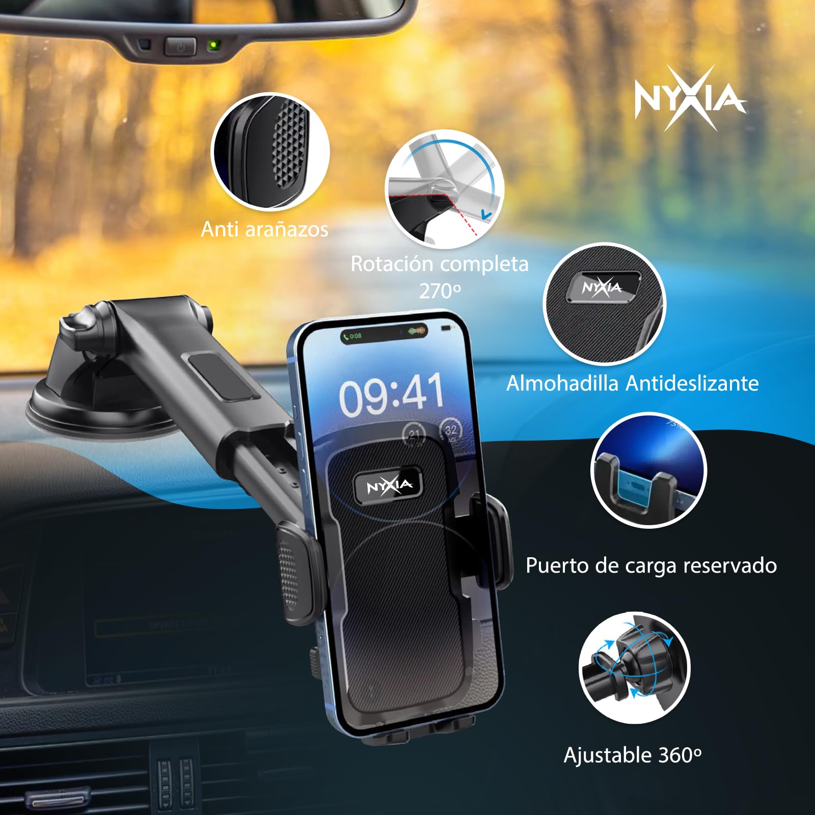 Nyxia® Soporte Movil Coche | Soporte Telefono Coche Universal | Potente Ventosa | Salpicadero/Parabrisas | Rotacion 360º | Compatible con Teléfono Móvil de 4” a 7” — view 2