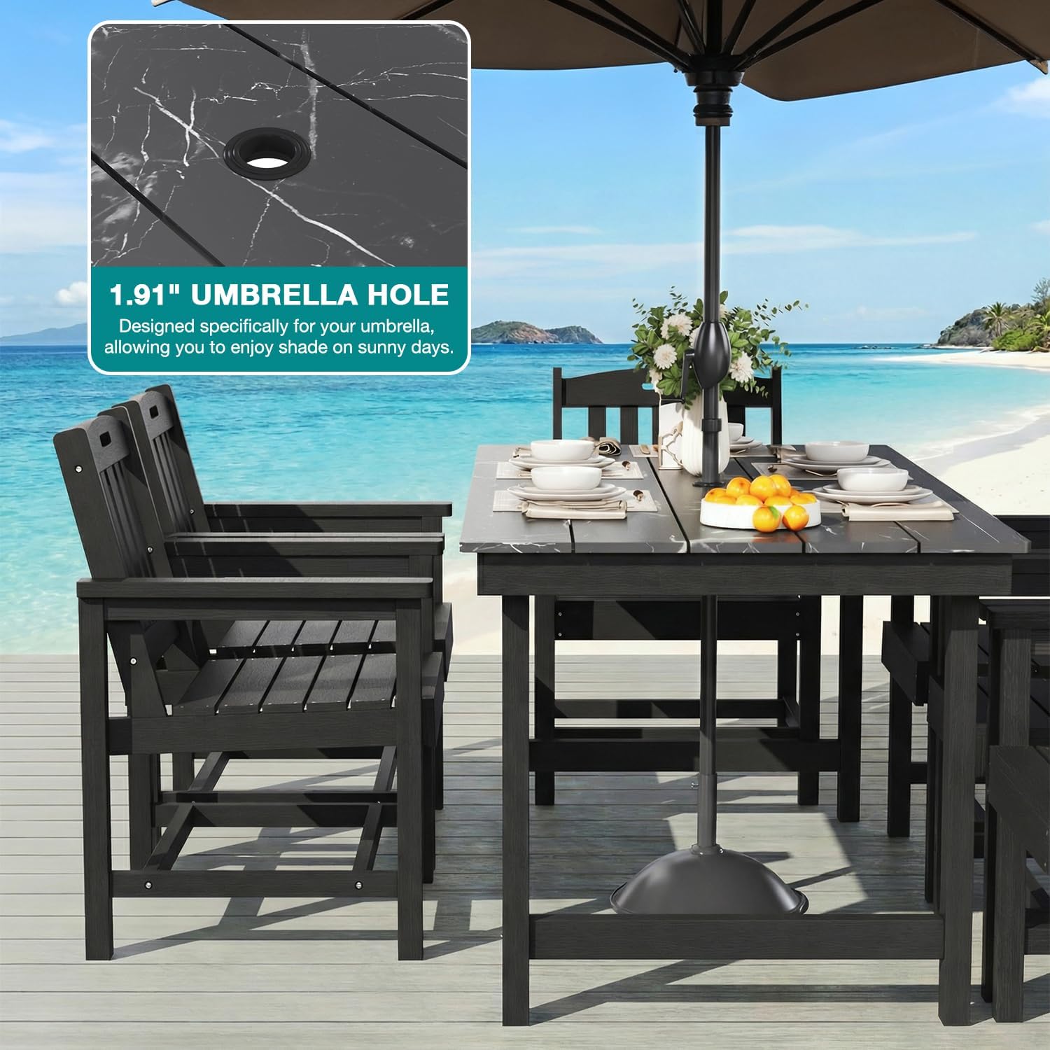 Mdeam 7-Piece HIPS Outdoor Dining Set, 66.9" Marble Texture Patio Table with Umbrella Hole, 440LBS Capacity, 6 Wider Chairs,Dining Table Set for 6, Outdoor Furniture with Galvanized Steel Frame, Black