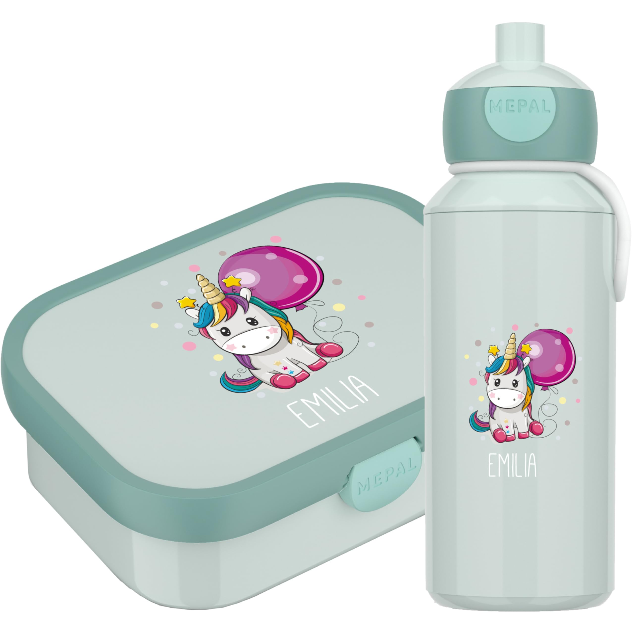 4youDesign | Set Brotdose und Trinkflasche mit Motiv -EINHORN- für Kinder, personalisiert mit Namen, in 6 Farben – Pop-up Flasche für Schule & Sport – Geschenkidee zur Einschulung (Cool Mint)