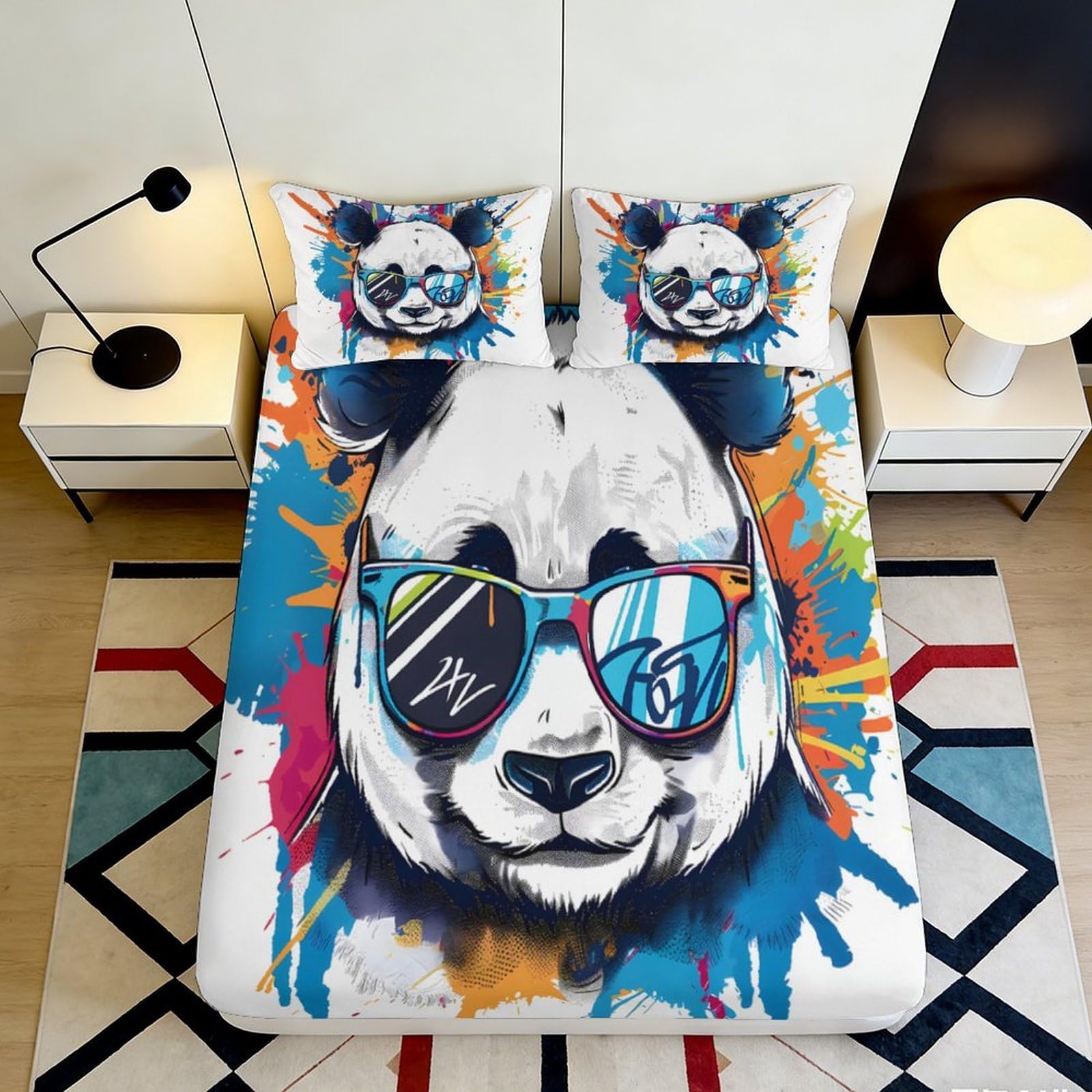 Zfldkwgb Style-7 3D Printed Graffiti Panda Fitted Sheet Microfiber Vibrant Cartoon Mattress Cover For Bedroom Dorm Decor Easy Care 90X200x25cm