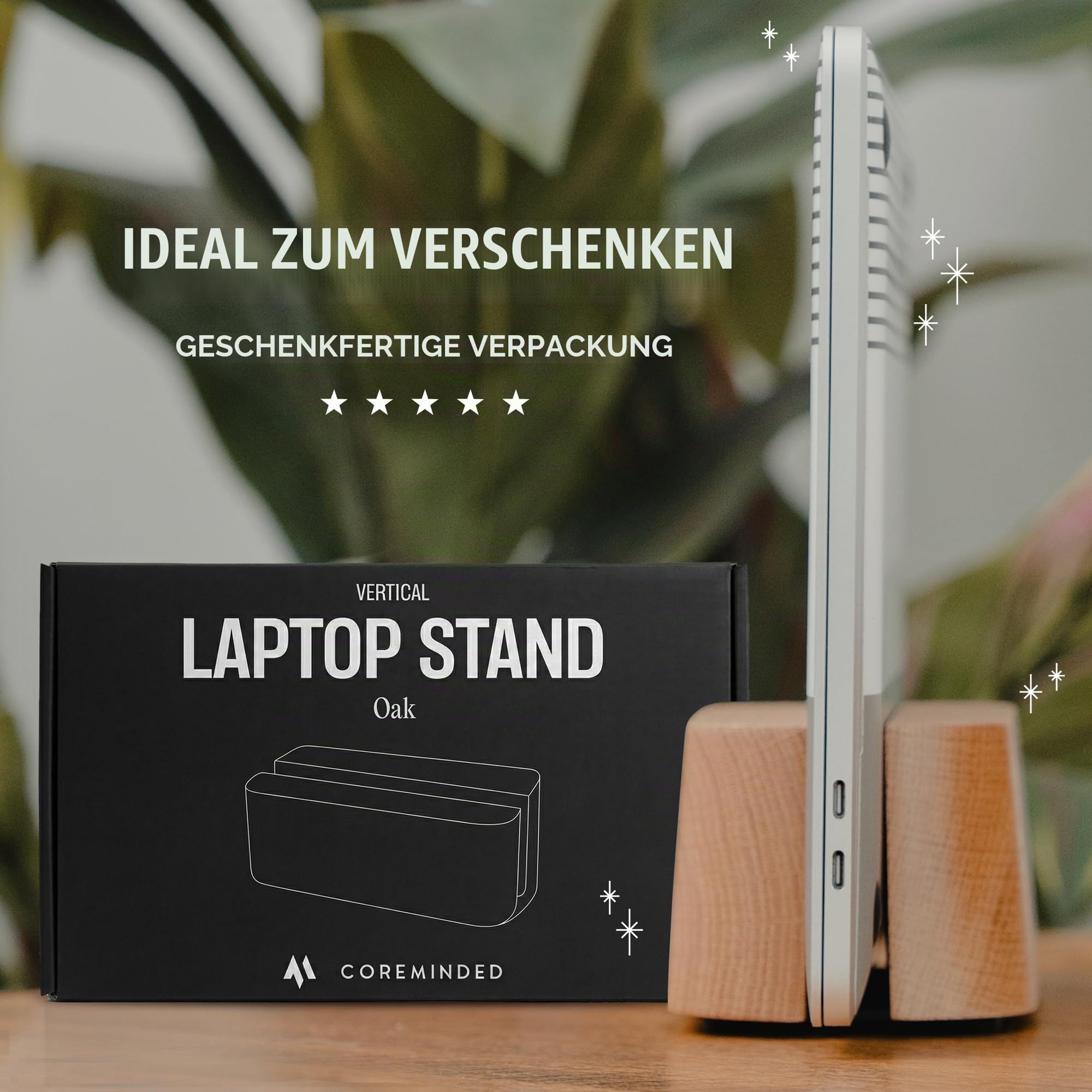 COREMINDED Verstellbarer vertikaler Laptopständer für Schreibtisch, Laptophalter aus Holz, MacBook Pro Ständer, Holz Mac Air Dock (massive Eiche)