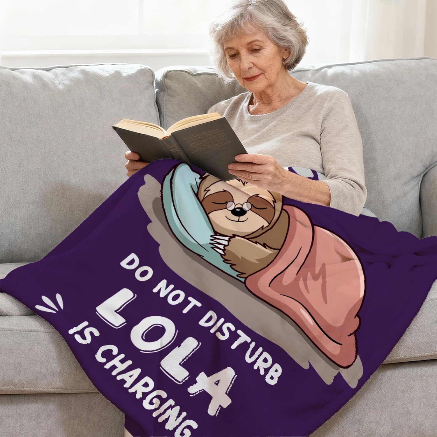Lola Gifts for Grandma Blanket, Grandmother Gifts from Grandkids, Do Not Disturb Lola is Charging Sloth Throw Blankets for Couch Bedroom Living Room Home Decor, 50x60 Inches