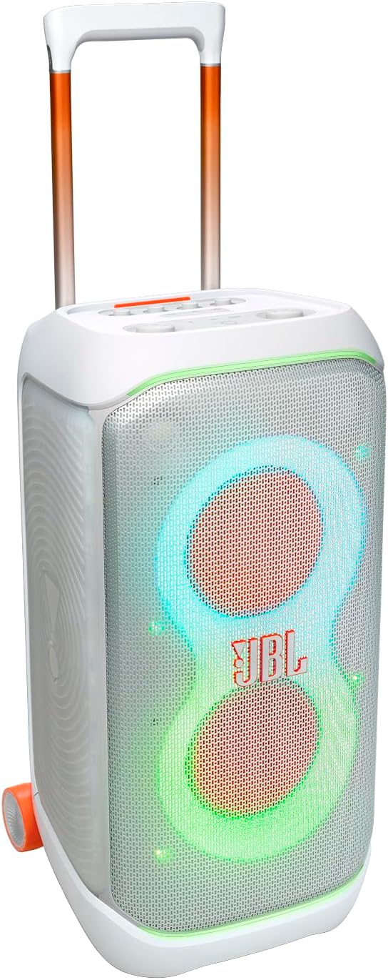 PartyBox Stage 320 - Portable Party Speaker with Telescopic Handle & Wide, Sturdy Wheels, Powerful JBL Pro Sound, Futuristic lightshow, Up to 18 Hours of Play time, Splash Proof (White)