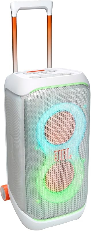 JBL PartyBox Stage 320 - parlante portátil para fiestas - Blanco | Potente sonido JBL Pro, espectáculo de luces futurista, hasta 18 horas de reproducción, mango telescópico y ruedas anchas y resistentes