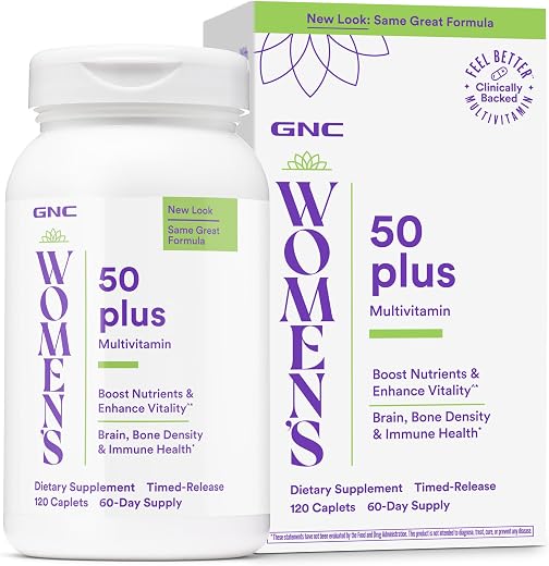 GNC Women’s Multivitamin 50 Plus |Supports Bone, Eye, Memory, Brain and Skin Health with Vitamin D, Calcium and B12 | Helps Increase Energy Production | 120 Caplets