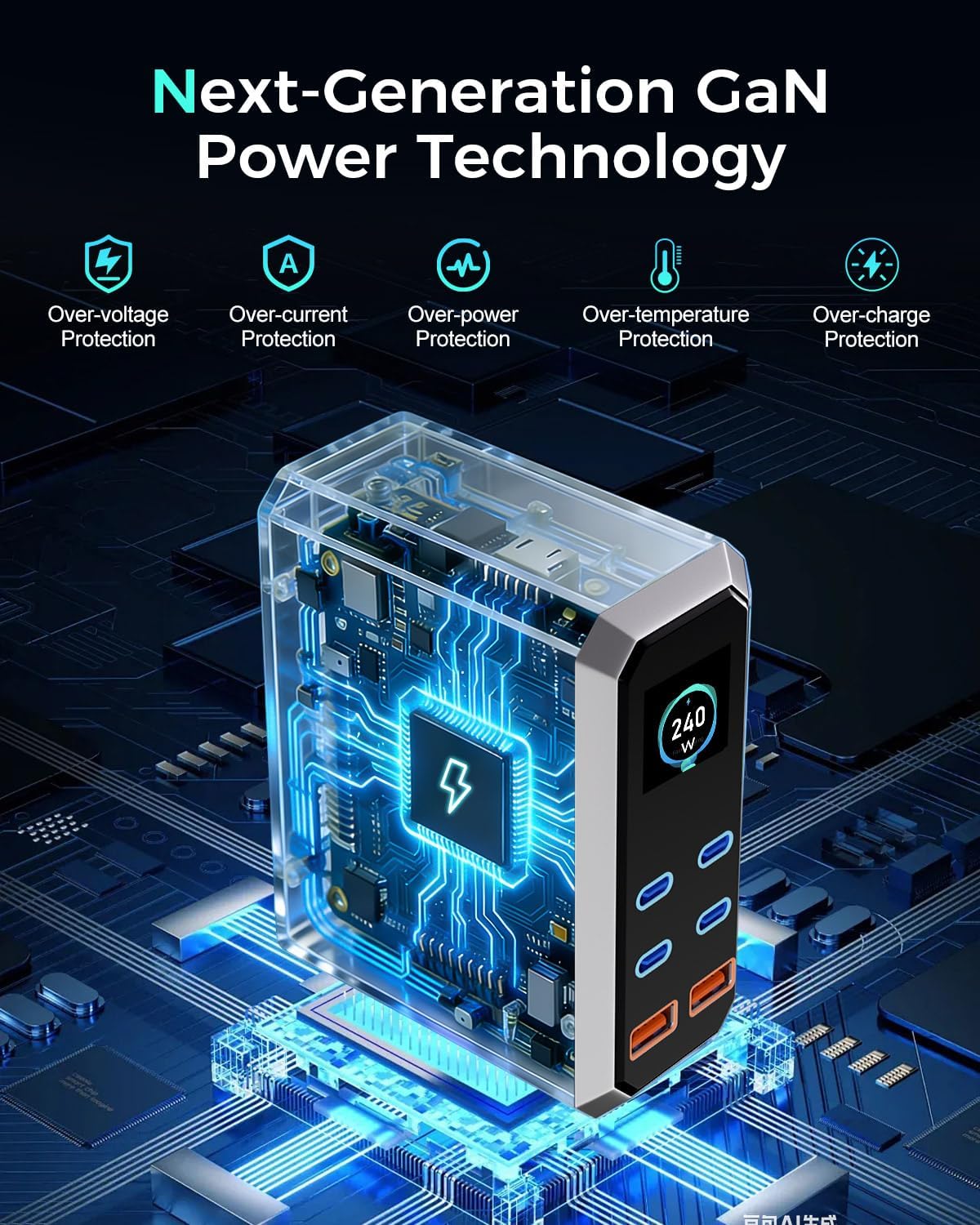 USB C Charger Block, 240W GaN USB C 6-Port Charger Station, Laptop Power PD Adapter with Touch Control and Color Display, Charging Station for MacBook, iPhone, Samsung, Laptop, iPad, Desktop, and More - Image 5