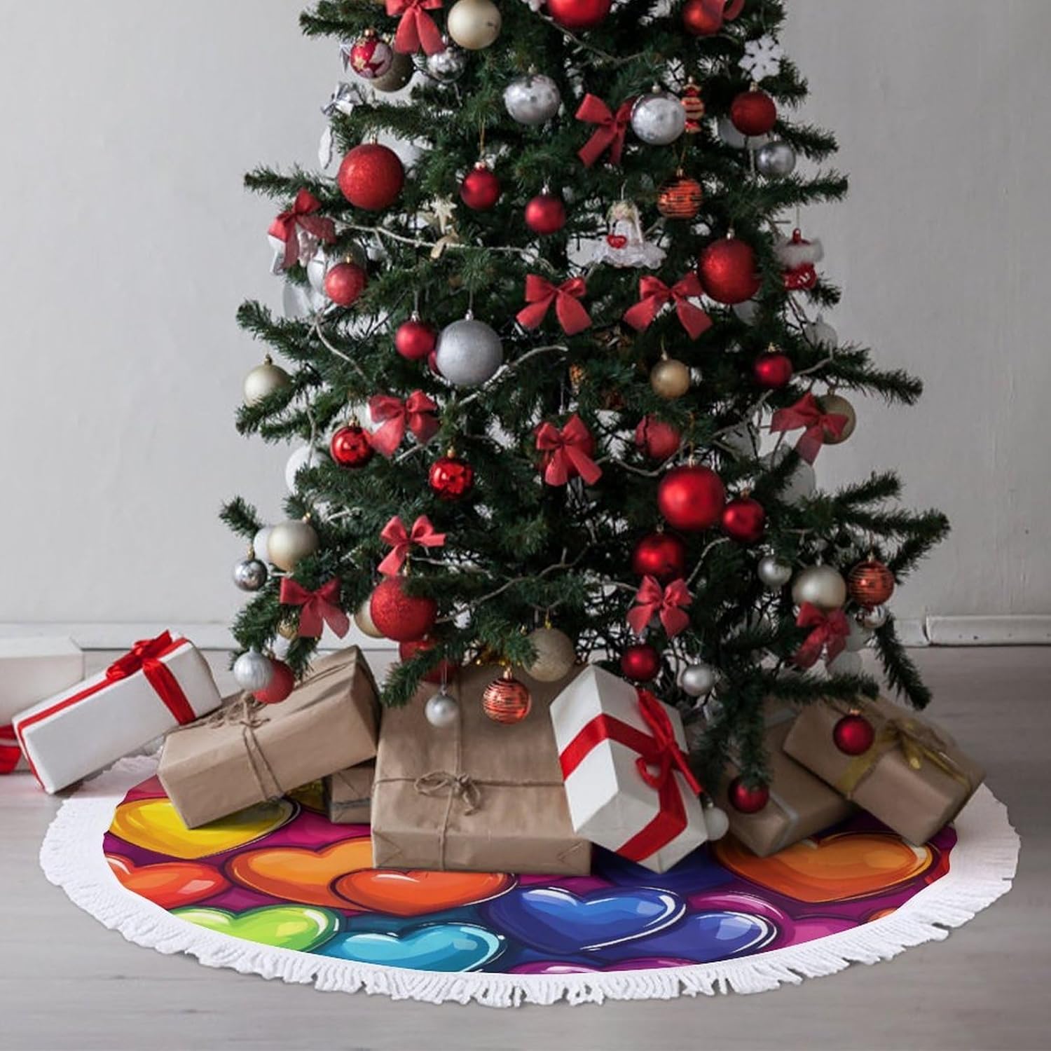 Rainbow Love Heart Christmas Tree Skirt Round Xmas Tree Mat Ornaments Tree Skirts with Tassels for Holiday Party